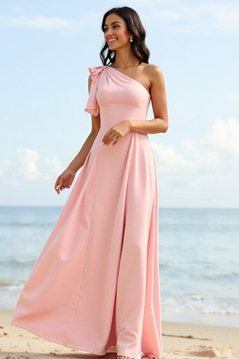 One Shoulder A Line Blush Bridesmaid Dress