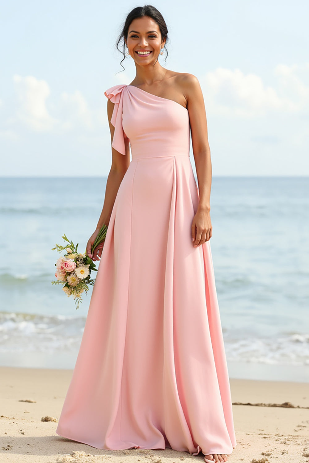One Shoulder A Line Blush Bridesmaid Dress
