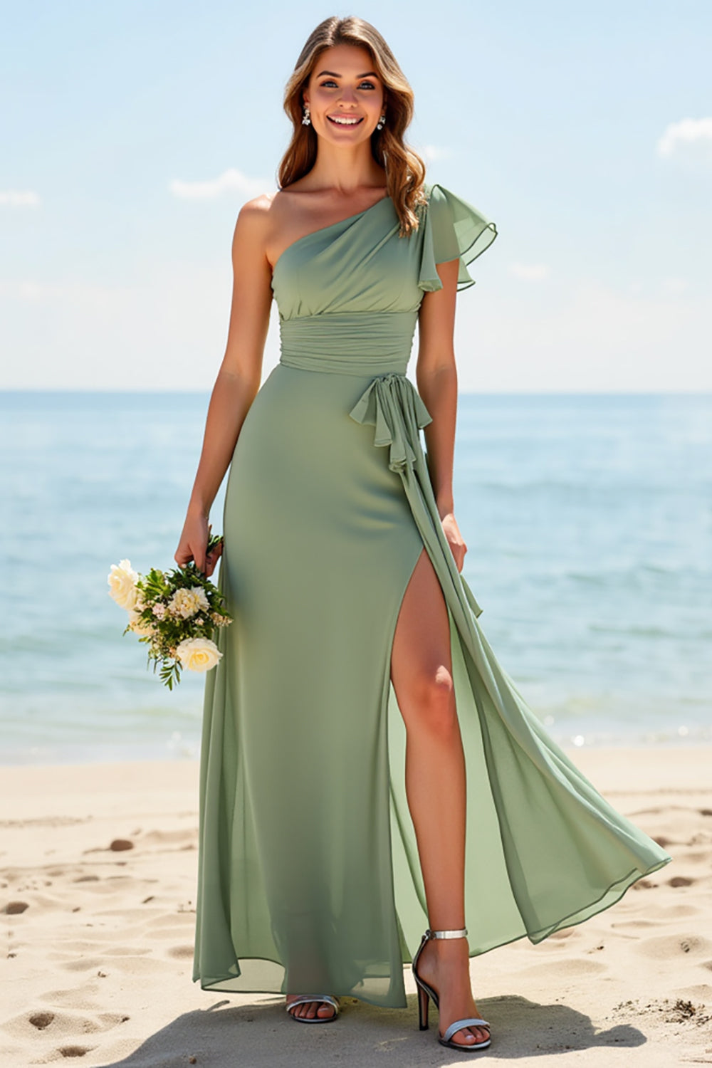 Chiffon A-Line Sage Green Bridesmaid Dress with Ruffles