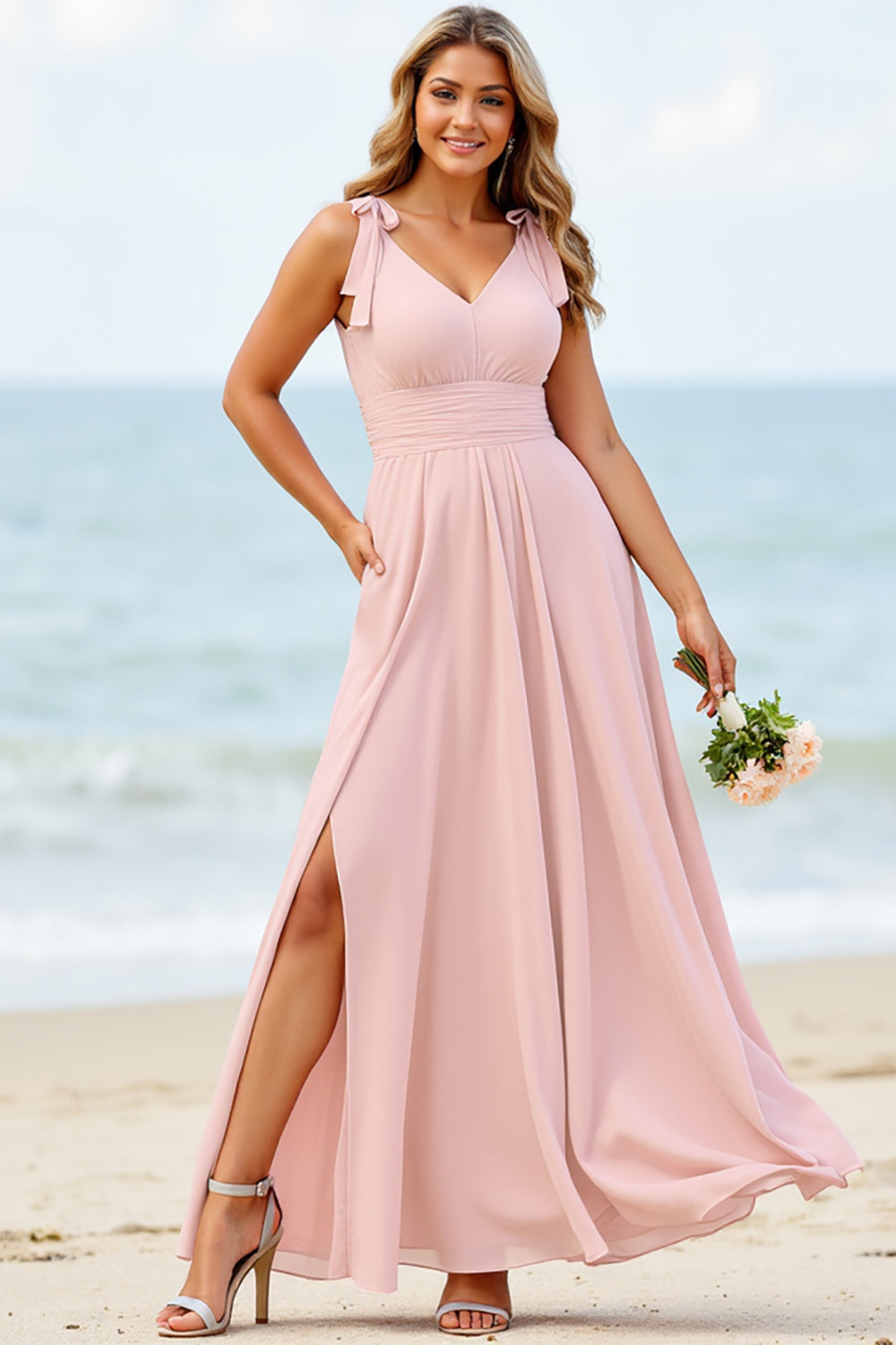 Chiffon A Line Candy Pink Bridesmaid Dress with Slit