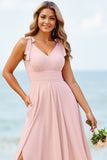 Chiffon A Line Candy Pink Bridesmaid Dress with Slit