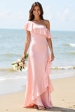 One Shoulder A Line Ruffled Candy Pink Bridesmaid Dress