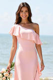 One Shoulder A Line Ruffled Candy Pink Bridesmaid Dress
