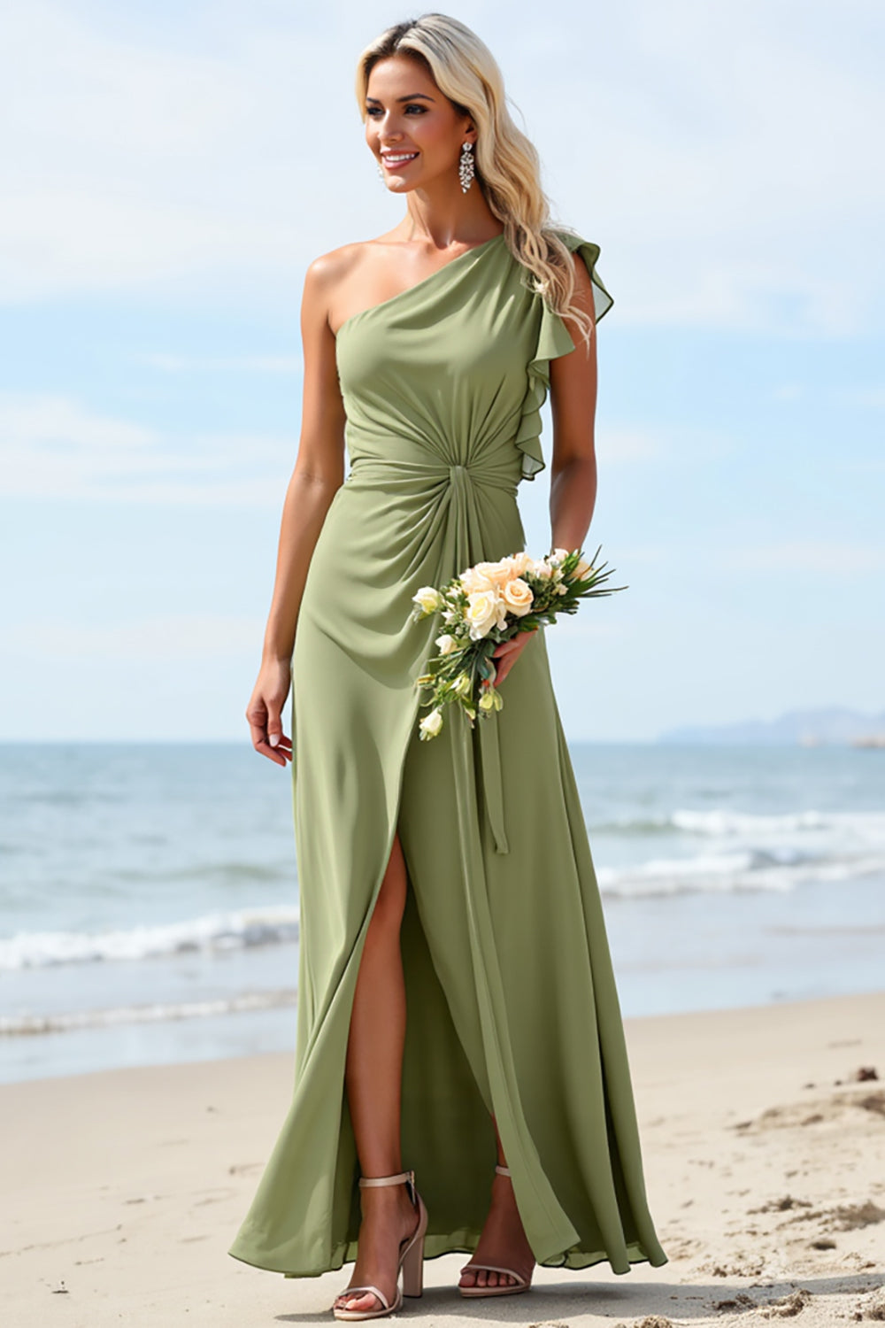 One Shoulder Chiffon Dusty Sage Bridesmaid Dress with Slit