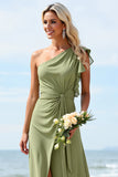 One Shoulder Chiffon Dusty Sage Bridesmaid Dress with Slit