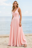 A Line V-Neck Candy Pink Bridesmaid Dress