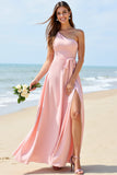 One Shoulder A Line Candy Pink Bridesmaid Dress with Slit