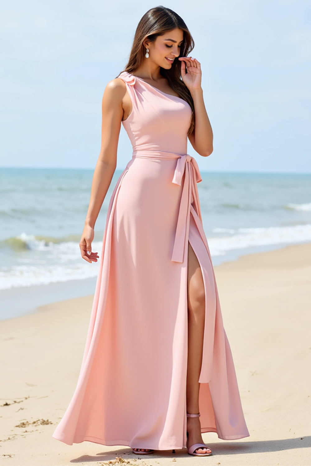 One Shoulder A Line Candy Pink Bridesmaid Dress with Slit