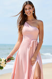 One Shoulder A Line Candy Pink Bridesmaid Dress with Slit