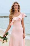 One Shoulder A Line Candy Pink Bridesmaid Dress with Ruffles