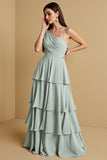 Tiered A-Line Long Sage Green Bridesmaid Dress