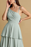 Tiered A-Line Long Sage Green Bridesmaid Dress
