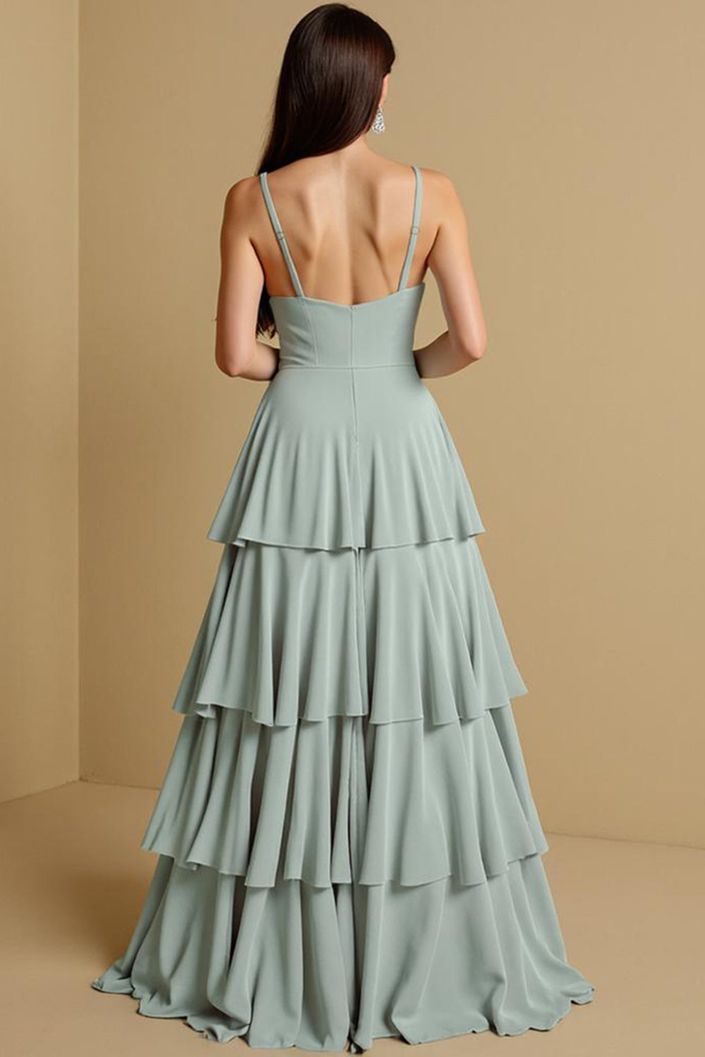 Tiered A-Line Long Sage Green Bridesmaid Dress
