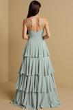 Tiered A-Line Long Sage Green Bridesmaid Dress