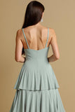 Tiered A-Line Long Sage Green Bridesmaid Dress