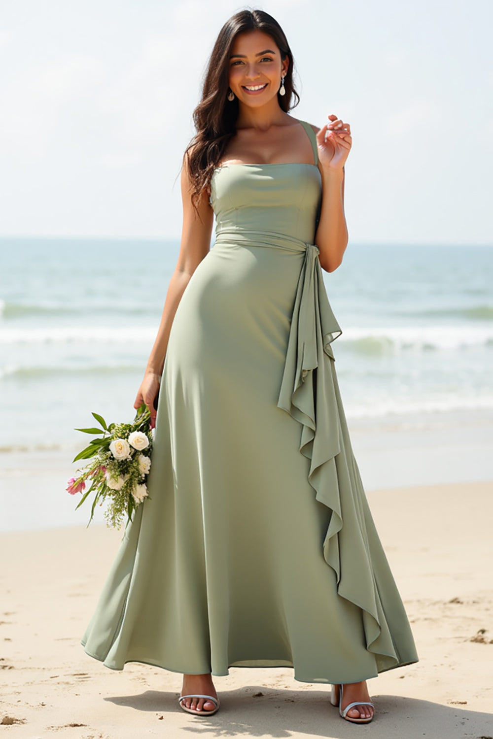 Ruffled A Line Chiffon Dusty Sage Bridesmaid Dress