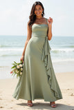 Ruffled A Line Chiffon Dusty Sage Bridesmaid Dress