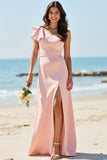 One Shoulder A Line Blush Bridesmaid Dress with Ruffles