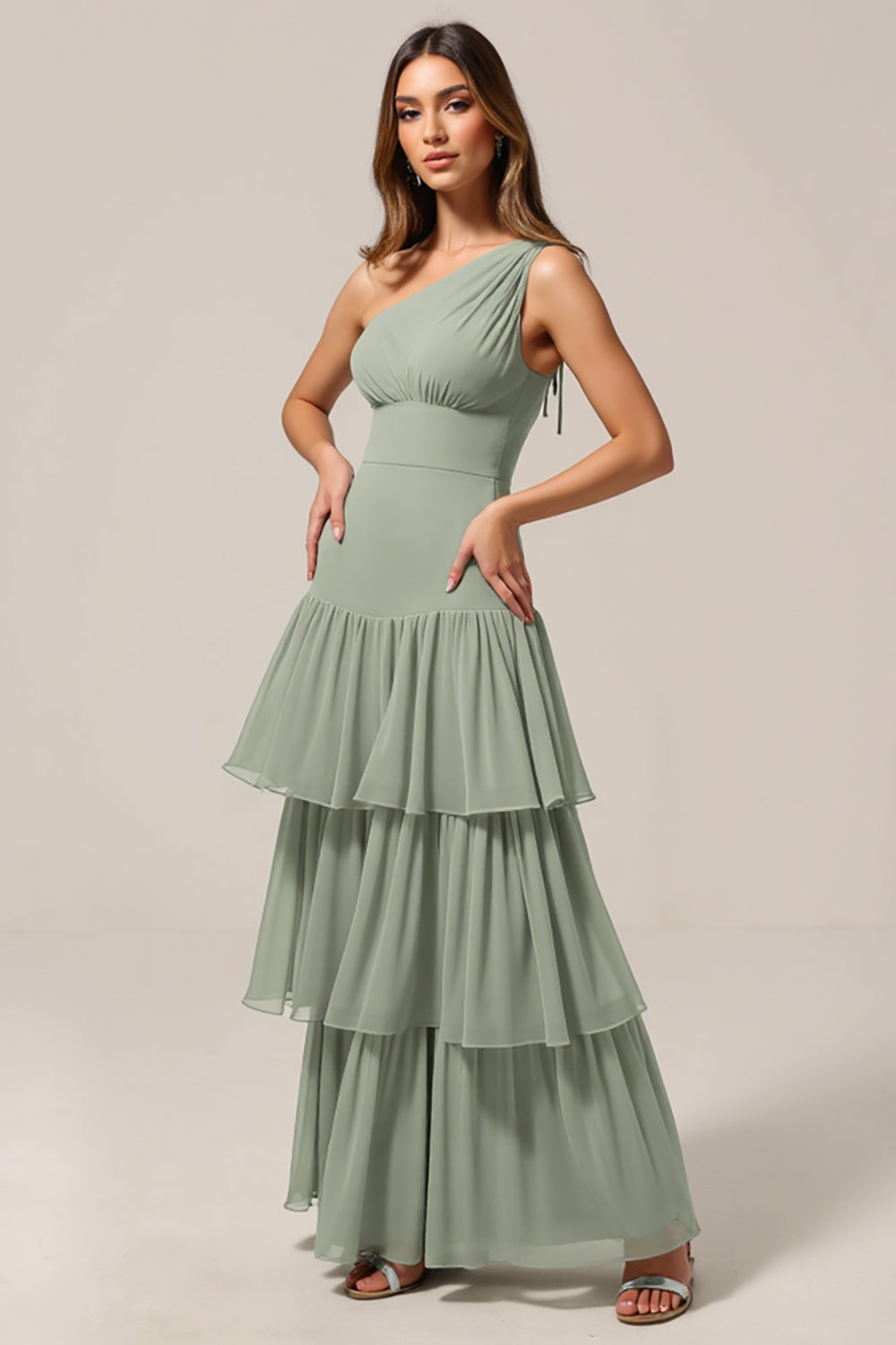 One Shoulder Tiered A-Line Sage Green Bridesmaid Dress
