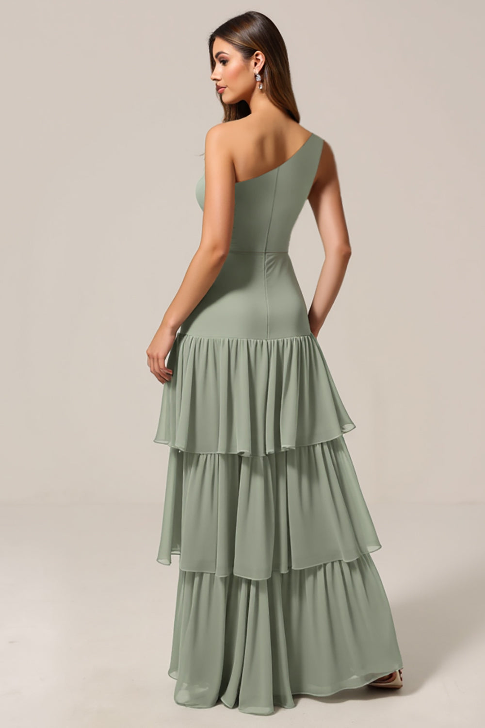 One Shoulder Tiered A-Line Sage Green Bridesmaid Dress