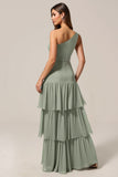 One Shoulder Tiered A-Line Sage Green Bridesmaid Dress