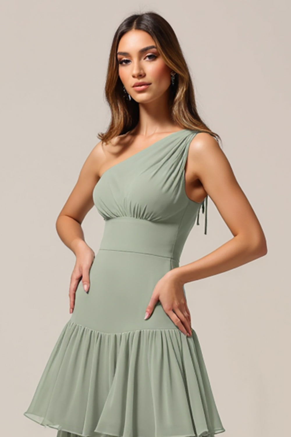 One Shoulder Tiered A-Line Sage Green Bridesmaid Dress