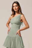 One Shoulder Tiered A-Line Sage Green Bridesmaid Dress