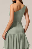 One Shoulder Tiered A-Line Sage Green Bridesmaid Dress