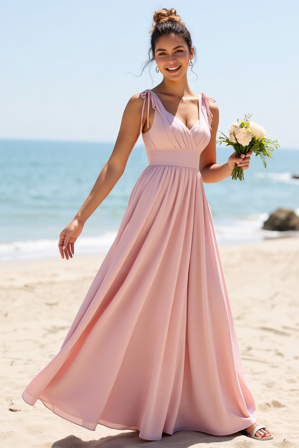 A Line Ruched Candy Pink Bridesmaid Dress