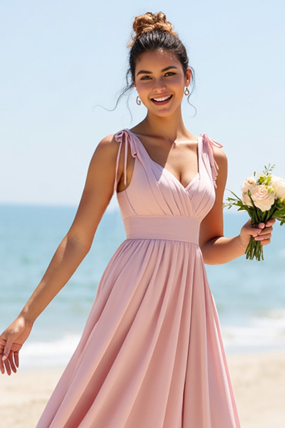A Line Ruched Candy Pink Bridesmaid Dress