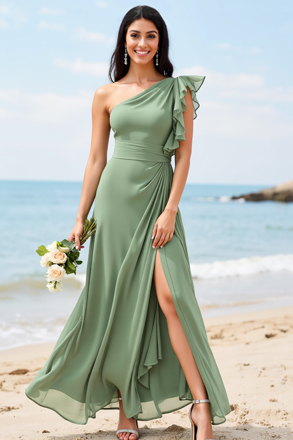 One Shoulder Ruffle Chiffon Dusty Sage Bridesmaid Dress with Slit