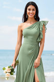 One Shoulder Ruffle Chiffon Dusty Sage Bridesmaid Dress with Slit