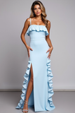 Blue Ruffled Sheath Bridesmaid Dress with Slit