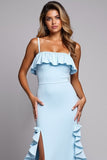 Blue Ruffled Sheath Bridesmaid Dress with Slit