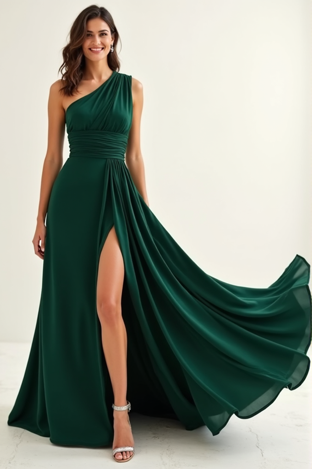 Green Chiffon One Shoulder Bridesmaid Dress with Slit