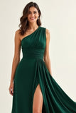 Green Chiffon One Shoulder Bridesmaid Dress with Slit