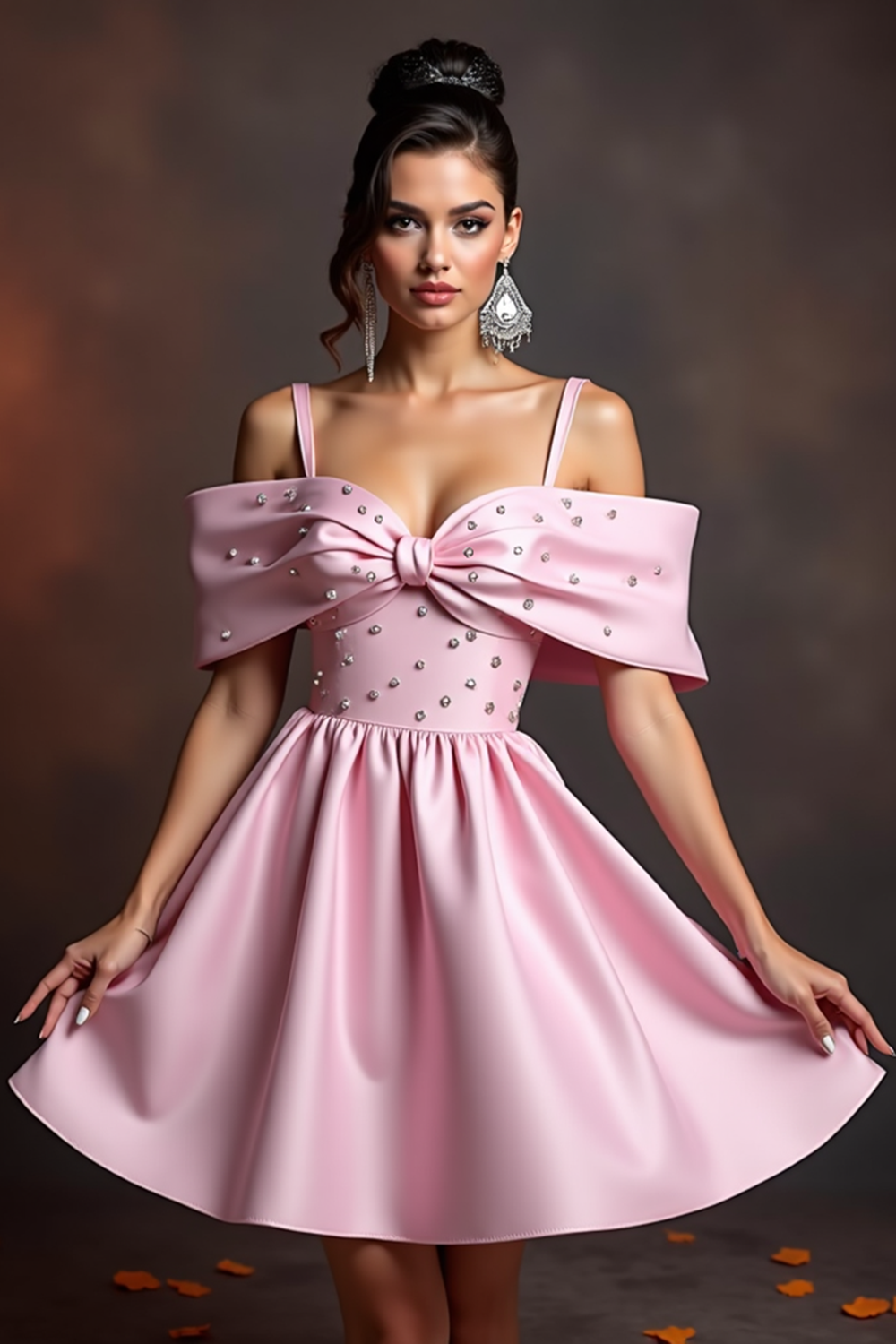 Cold Shoulder Pink Satin Homecoming Dress with Beading