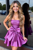 Strapless Purple Ruched Homecoming Dress with Bow