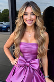 Strapless Purple Ruched Homecoming Dress with Bow