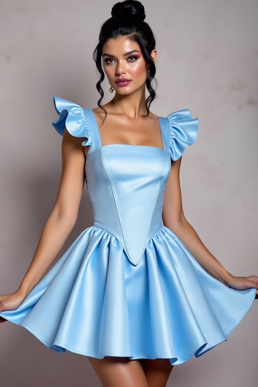 Blue Satin Square Neck A Line Homecoming Dress with Ruffles