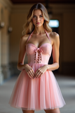 Blush Halter A Line Homecoming Dress
