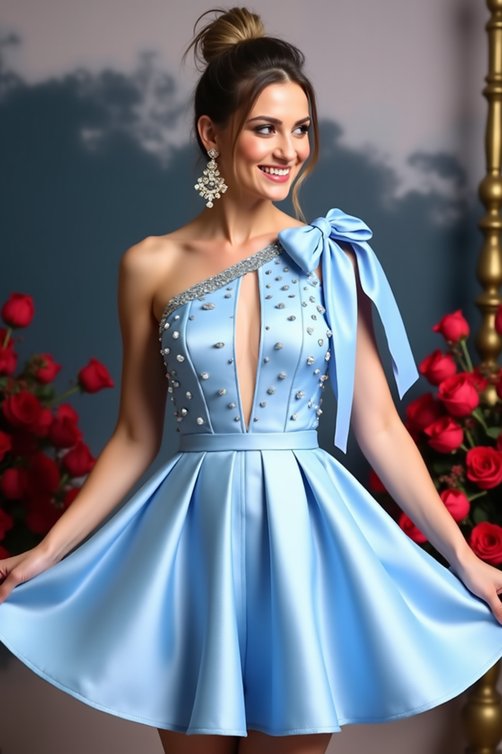 Blue One Shoulder Satin Homecoming Dress with Beading