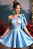 Blue One Shoulder Satin Homecoming Dress with Beading