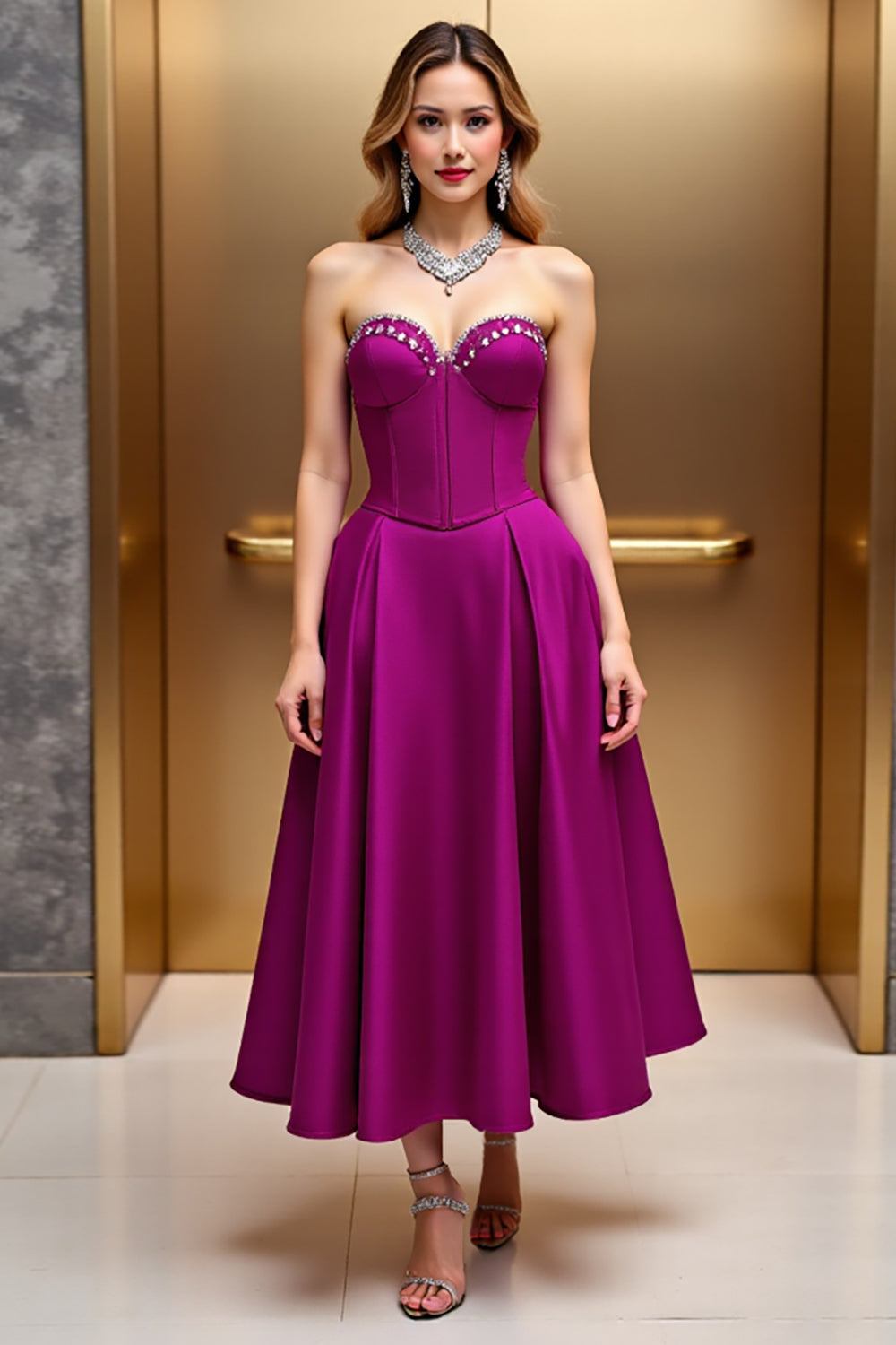 Strapless Beaded Fuchsia A Line Wedding Guest Dress