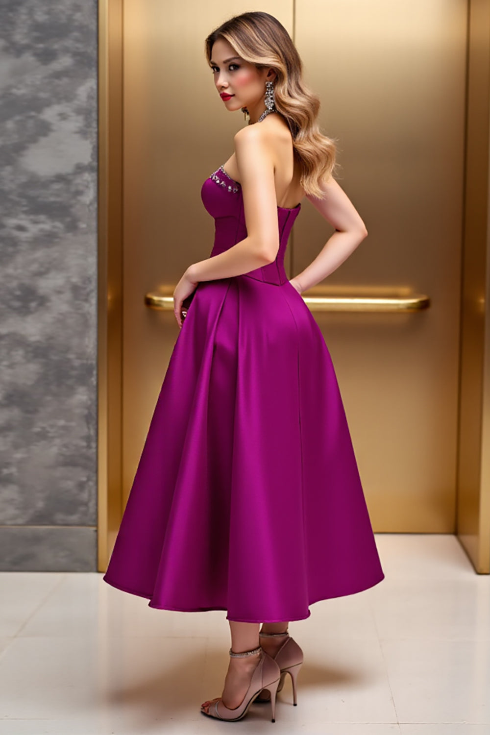 Strapless Beaded Fuchsia A Line Wedding Guest Dress