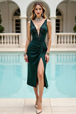 Pine Ruched Beaded Cocktail Dress with Slit