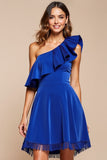 One Shoulder Royal Blue Ruffled Cocktail Dress