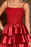 Satin Red Tiered A Line Corset Homecoming Dress