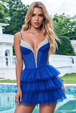 Royal Blue Tiered Corset A Line Homecoming Dress with Beading