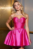 Strapless Fuchsia Satin Homecoming Dress with Beading